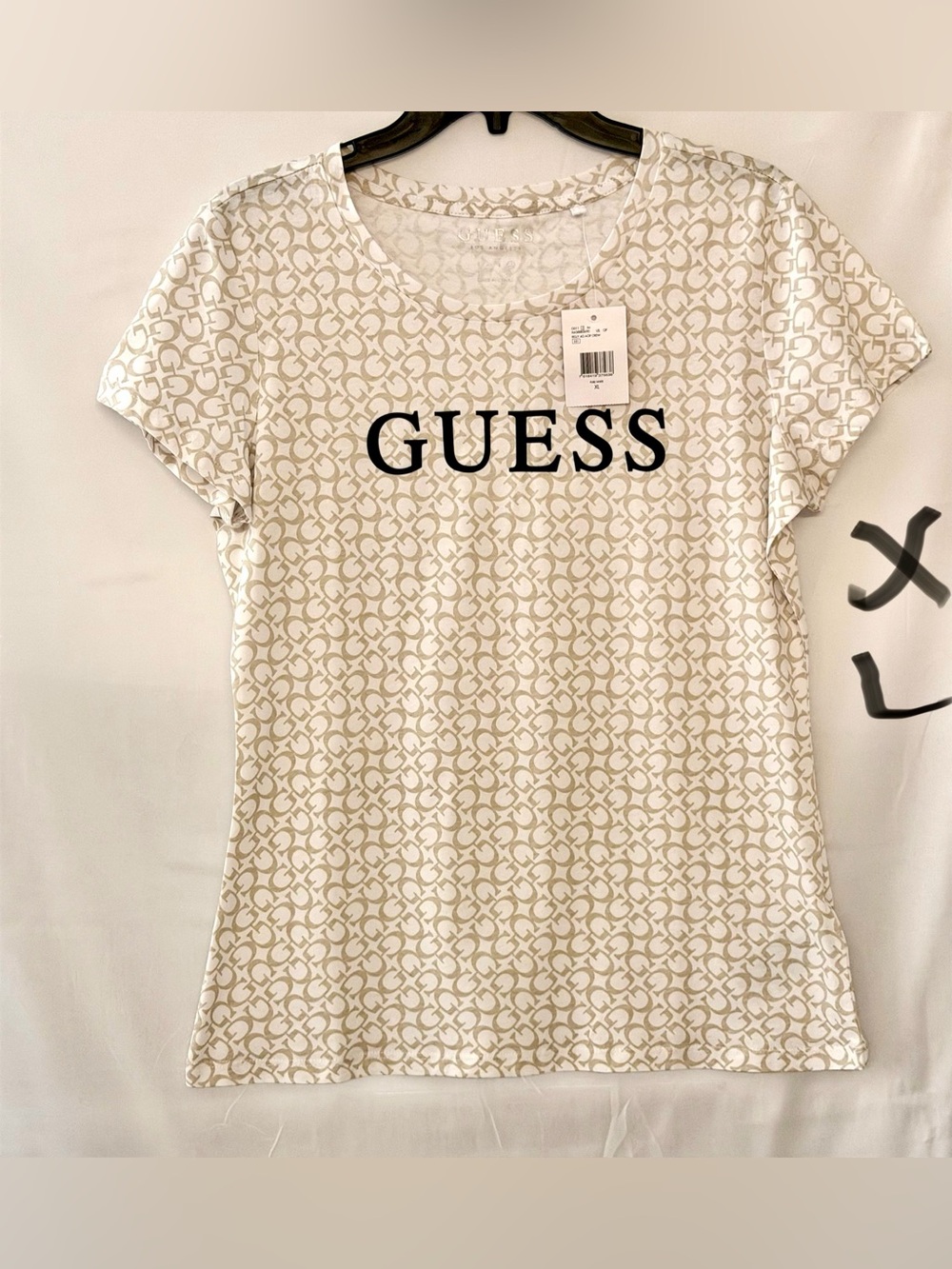 Guess White & Beige Logo Monogram Short Sleeve Tee